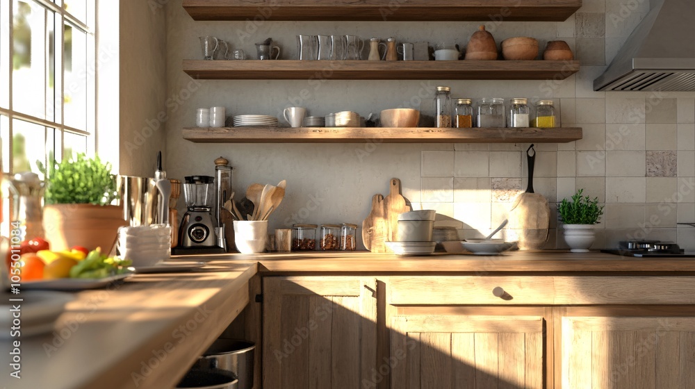 Modern Luxury Kitchen with Wooden Finishes and Open Shelves Modern Luxury Kitchen with Wooden Finishes and Open Shelves