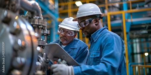 Engineers Discussing Blueprint, Industrial Workers Reviewing Plans in Factory