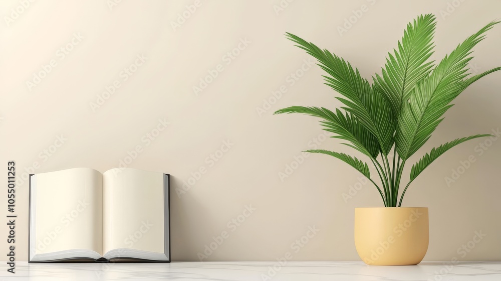 A peaceful interior scene featuring an open book and a lush green plant in a light-colored pot against a simple wall background. A peaceful interior scene featuring an open book and a lush green plant in a light-colored pot against a simple wall background.
