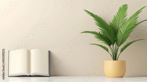 A peaceful interior scene featuring an open book and a lush green plant in a light-colored pot against a simple wall background.