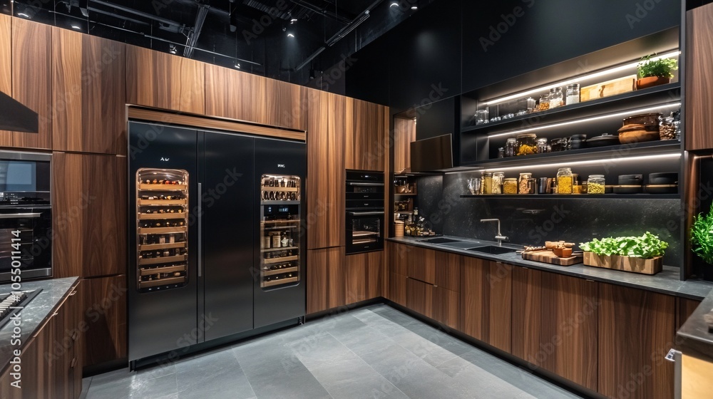 Modern Kitchen with Wooden Accents and High-End Features Modern Kitchen with Wooden Accents and High-End Features