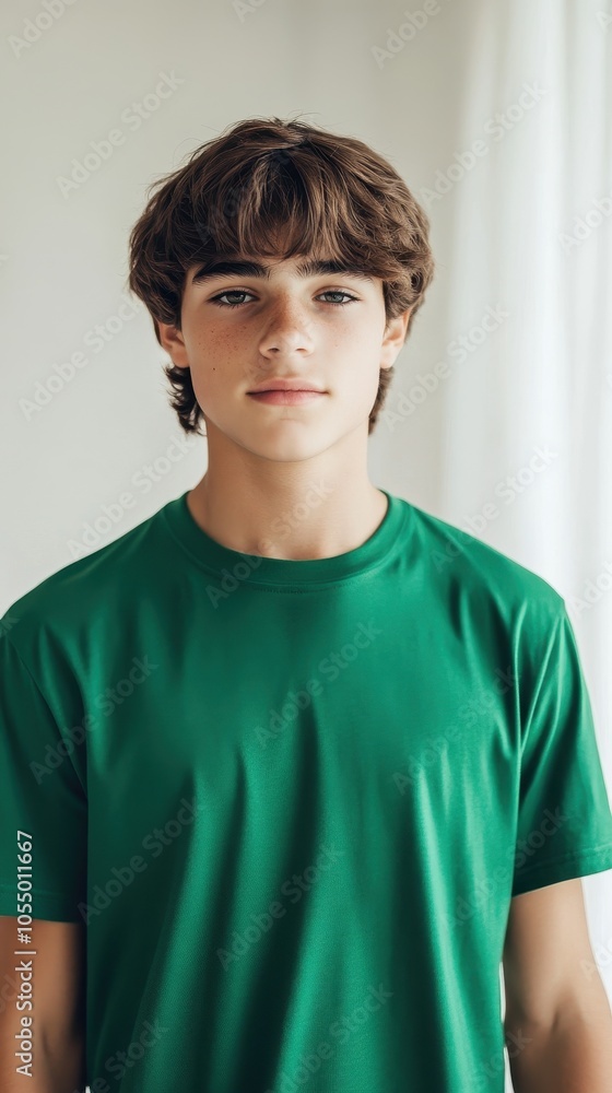 A young model stands confidently in a plain green T-shirt with a subtle smile in a bright setting A young model stands confidently in a plain green T-shirt with a subtle smile in a bright setting