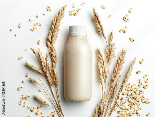 Mockup of plastic bottle with oat milk surrounded by scattered oat grains and dried oat stalks on a white background, plant-based dairy-free beverage, vegan organic drink concept photo