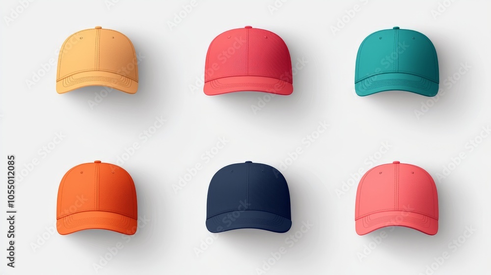 A vibrant display of six colorful caps arranged on a neutral background, showcasing a variety of styles and hues. A vibrant display of six colorful caps arranged on a neutral background, showcasing a variety of styles and hues.