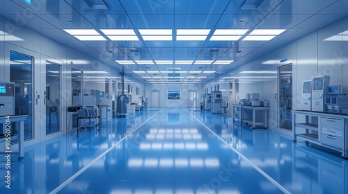 Cleanroom Corridor with Laboratory Equipment and Blue Floor