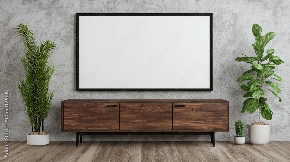 A stylish living room setup featuring a minimalist wooden media console, two plants, and a blank wall ready for artwork or a television. A stylish living room setup featuring a minimalist wooden media console, two plants, and a blank wall ready for artwork or a television.