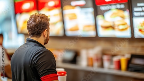 An overweight adult male standing in line at a fast food restaurant intently staring at the menu displayed on the backlit screens The image conveys the concept of unhealthy eating habits indulgence