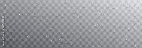 Water droplets on glass or window surface. Condensation round drops on transparent background. Realistic 3d vector illustration of dewy bg with fresh humid effect. Clean liquid raindrop pattern. photo