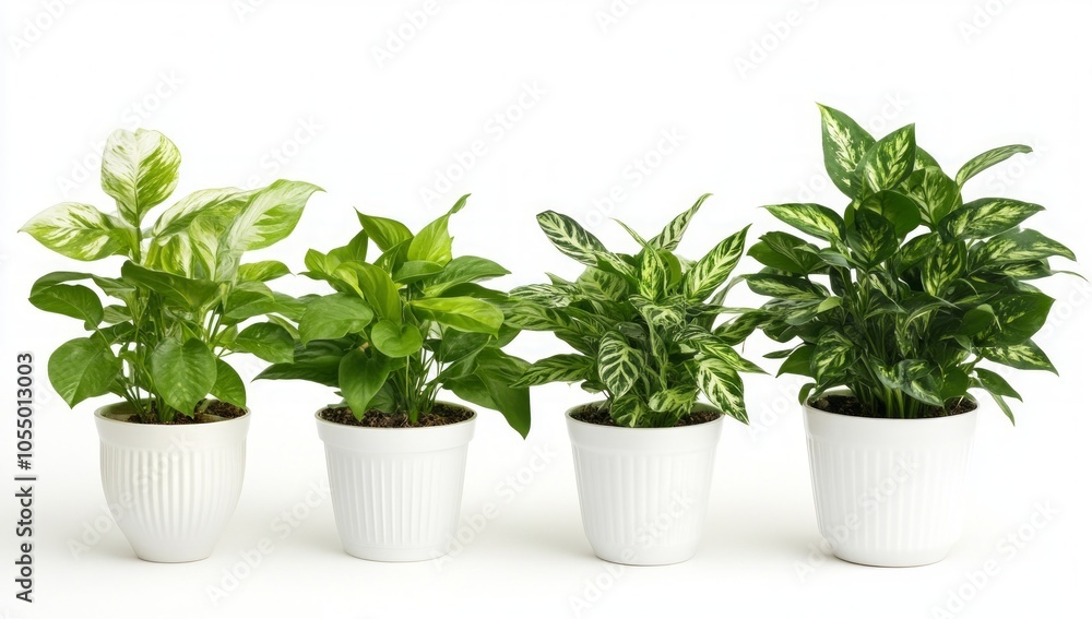 Four Vibrant Houseplants in White Pots Four Vibrant Houseplants in White Pots