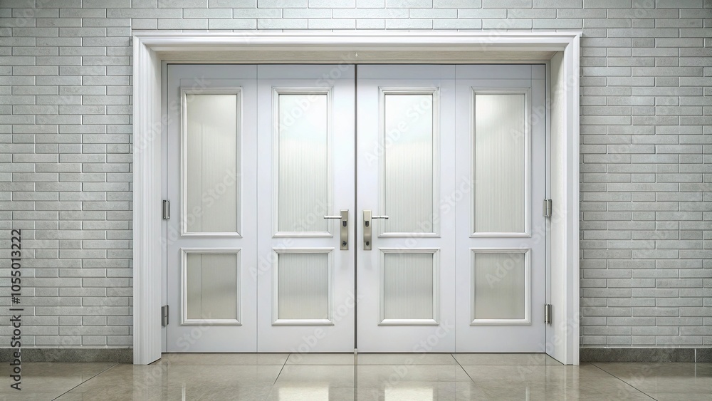 white decorated double door, glass, low angle view white decorated double door, glass, low angle view