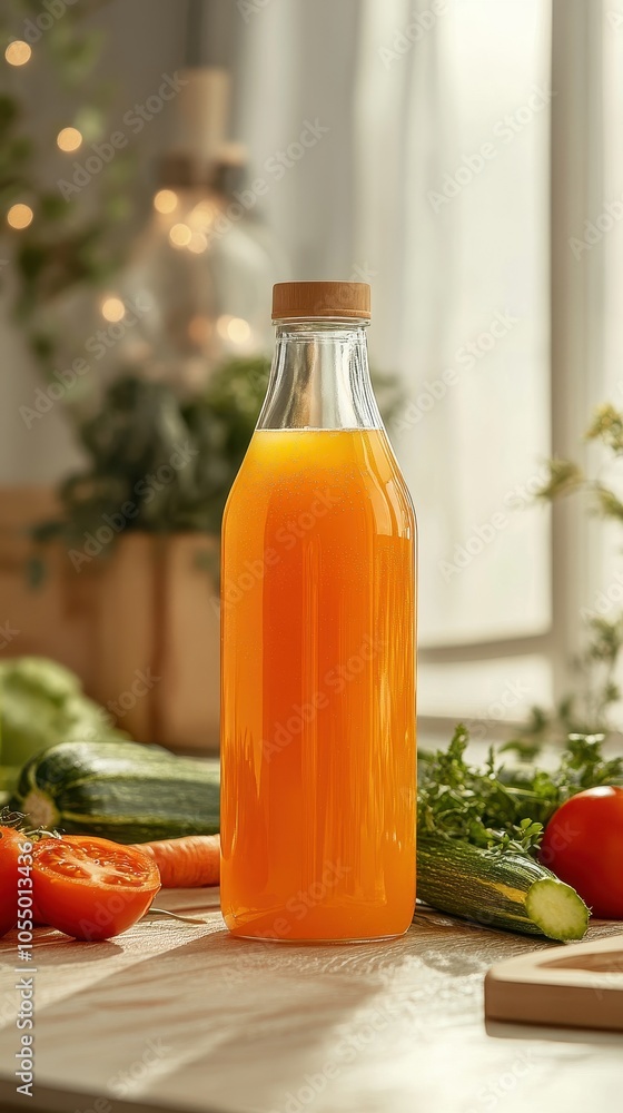 Vibrant vegetable juice in a clear bottle with fresh vegetables displayed for a natural look Vibrant vegetable juice in a clear bottle with fresh vegetables displayed for a natural look