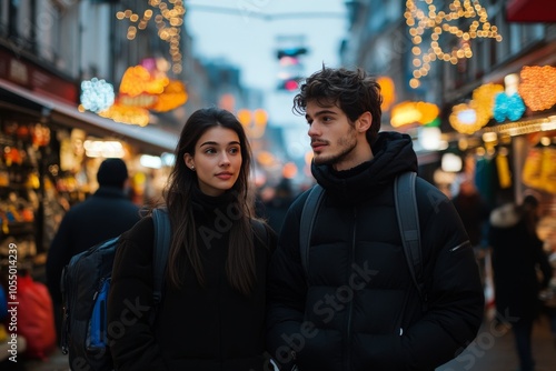 A young couple wrapped in winter attire are exploring a bustling outdoor market adorned with glowing lights, capturing a moment of warmth and connection against a festive backdrop.