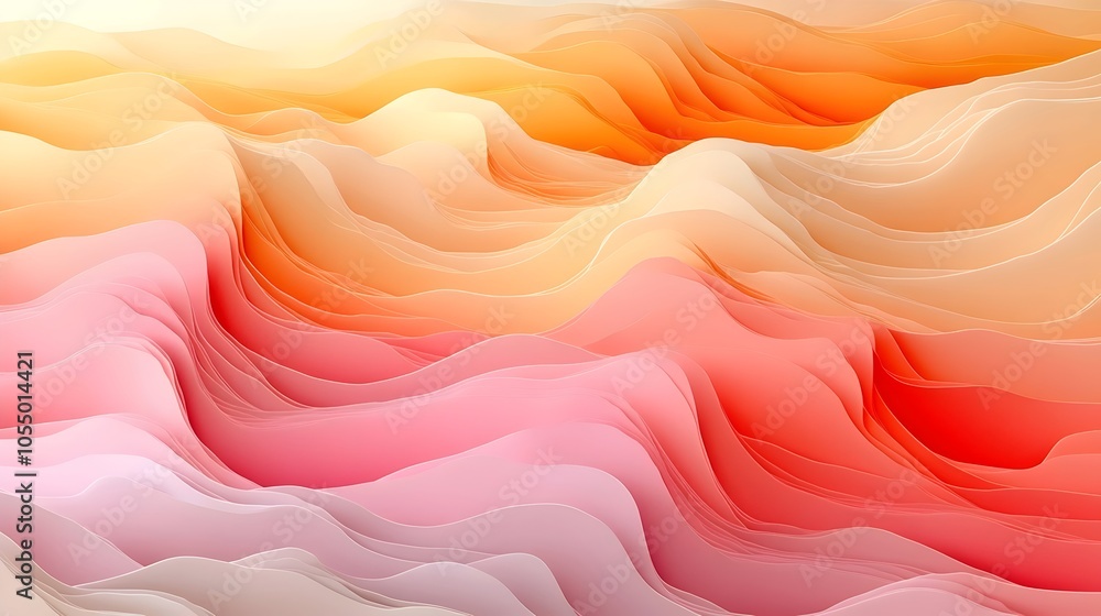 Obraz premium An abstract composition of flowing waves in vibrant hues of pink, orange, and beige, creating a warm, inviting atmosphere with soft gradients and gentle curves.