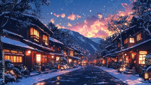 A serene winter scene with snow-covered houses and a colorful sunset backdrop.