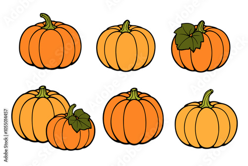 シンプルな手描きのオレンジ色のかぼちゃイラストセット