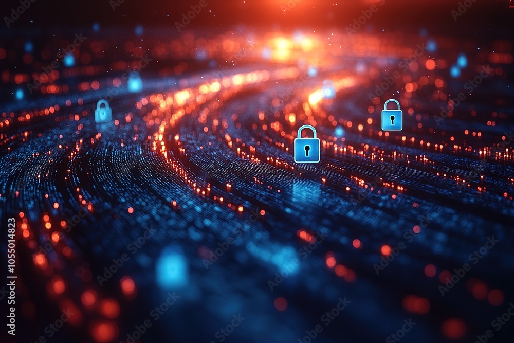 Abstract digital security concept with glowing lines and padlock icons. Abstract digital security concept with glowing lines and padlock icons.