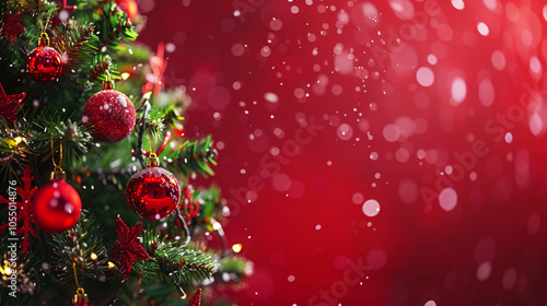 A red poster with a christmas ornaments and a red background