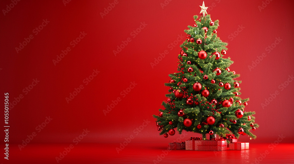 A red poster with a christmas tree ornaments and a red background A red poster with a christmas tree ornaments and a red background