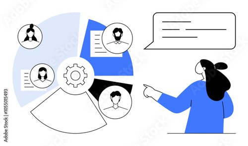 Woman pointing at a chart with four sections, each featuring a team member profile. Speech bubble above her head. Ideal for business presentations, team management, project planning, communication