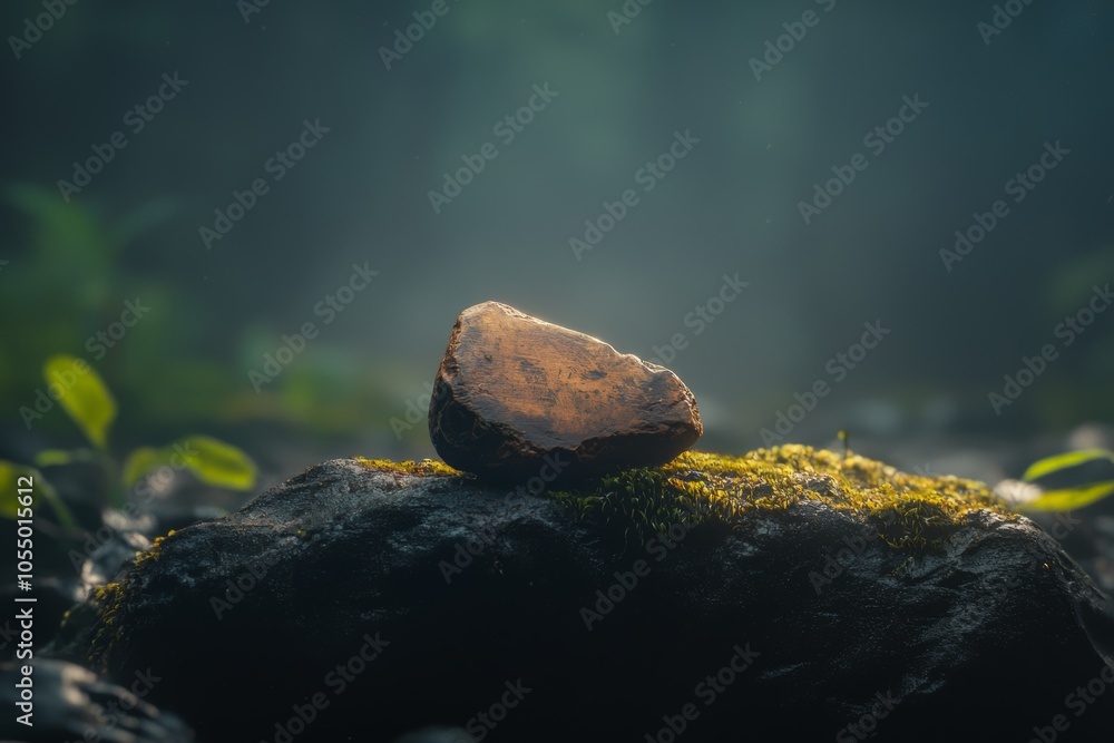 A smooth stone rests on a moss-covered rock in a misty forest setting during early morning light A smooth stone rests on a moss-covered rock in a misty forest setting during early morning light