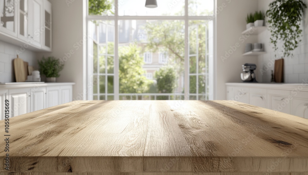 Wooden board empty table in front of blurred background.