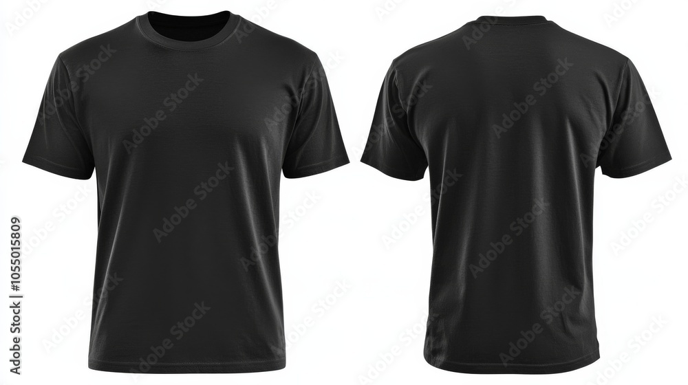 A plain black t-shirt displayed from the front and back, showcasing its simple design and versatile style. A plain black t-shirt displayed from the front and back, showcasing its simple design and versatile style.