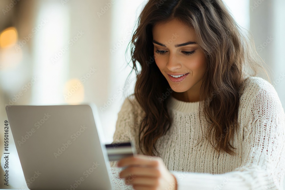 A woman in a cozy sweater smiles as she uses her laptop to shop online with a credit card, highlighting the convenience of digital transactions from home. A woman in a cozy sweater smiles as she uses her laptop to shop online with a credit card, highlighting the convenience of digital transactions from home.