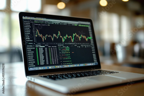 A laptop computer displaying a stock market graph. The laptop is open on a table in front of a window photo