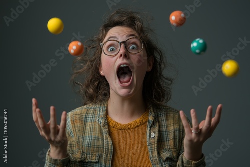 A woman enthusiastically juggling colorful balls indoors while expressing excitement during a playful moment