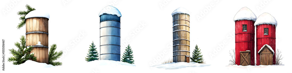 Four colorful silos with snow and pine trees, white isolate background. Four colorful silos with snow and pine trees, white isolate background.