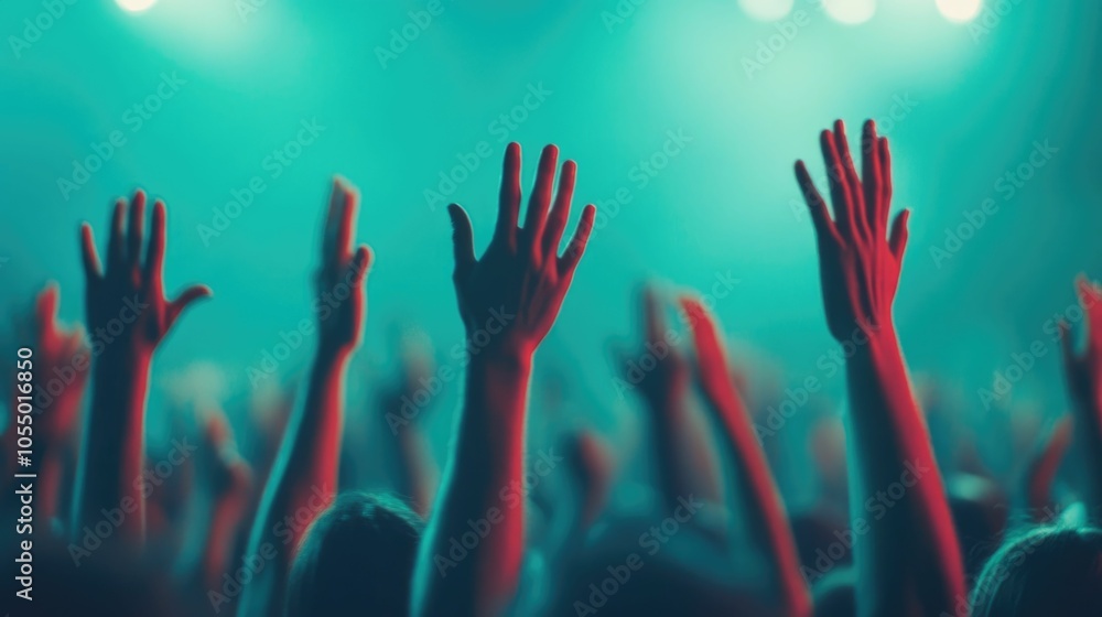 Close up shot of a crowd with hands raised high as they dance and sway to the rhythm of a lively music performance on stage creating a vibrant energetic and euphoric atmosphere Close up shot of a crowd with hands raised high as they dance and sway to the rhythm of a lively music performance on stage creating a vibrant energetic and euphoric atmosphere