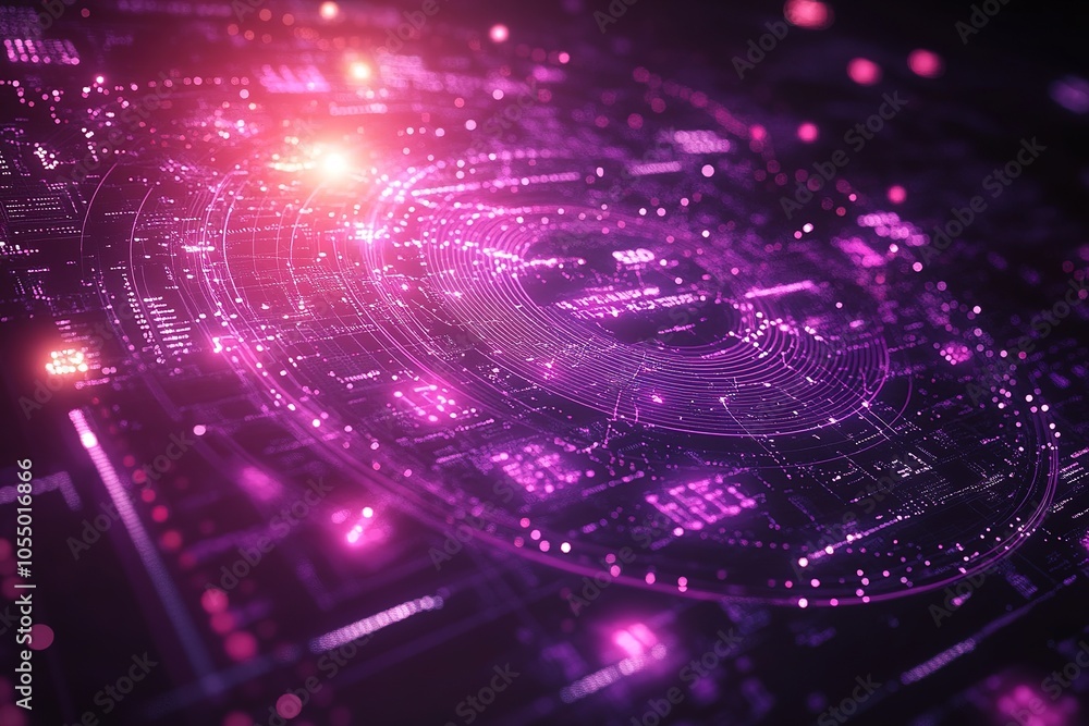 Obraz premium Abstract digital technology background with glowing purple and pink circles and lines.