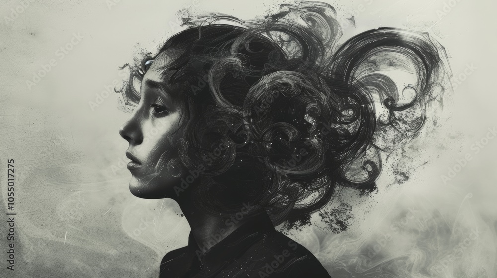 Fototapeta premium Woman With Abstract Hair Artistic Portrait Black and White Monochrome Female Face Head Swirls Curls
