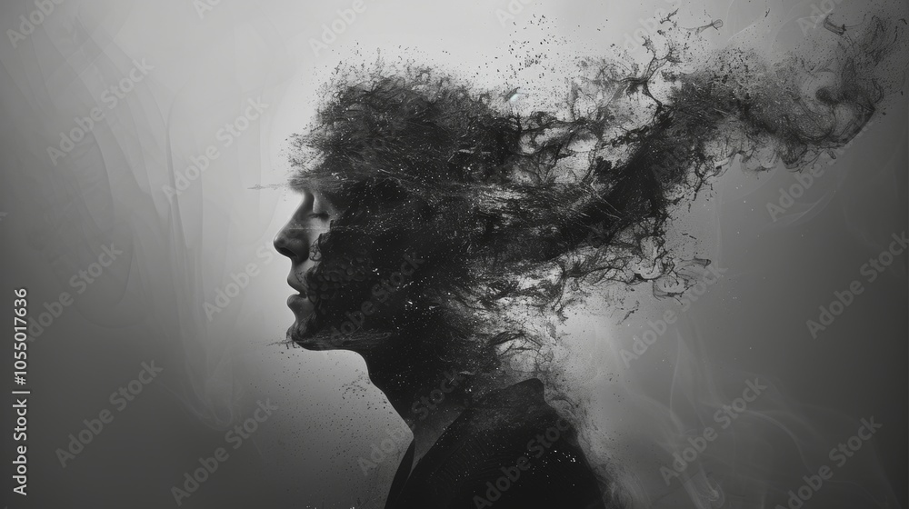 Abstract Man Silhouette Disintegrating Into Smoke and Dust Abstract Man Silhouette Disintegrating Into Smoke and Dust