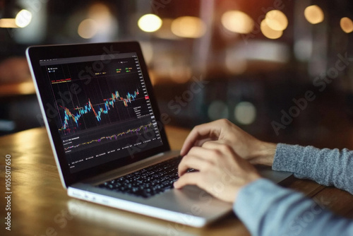 A person is typing on a laptop computer with a graph displayed on the screen. The graph shows a fluctuation in the stock market, and the person appears to be focused on the data