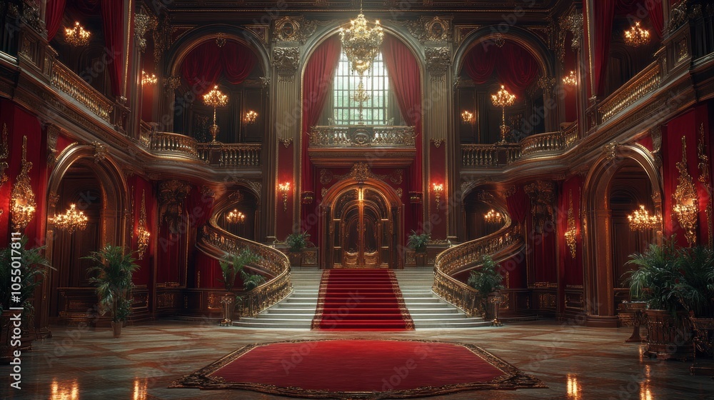 Fototapeta premium Grand Staircase in a Gilded Mansion with Red Carpets and Chandeliers
