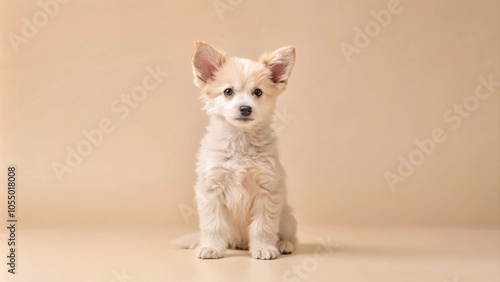 Adorable white puppy with floppy ears sits on a beige background, looking directly at the camera.