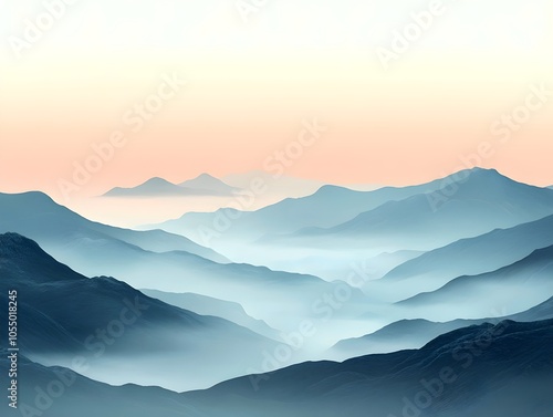 Serene landscape featuring layered mountains enveloped in soft mist, illuminated by a delicate pastel sunrise, creating a tranquil and peaceful atmosphere.