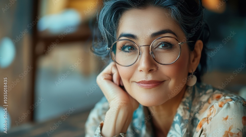 A stylish gray-haired woman displays trendy wire-frame glasses in a cozy setting A stylish gray-haired woman displays trendy wire-frame glasses in a cozy setting