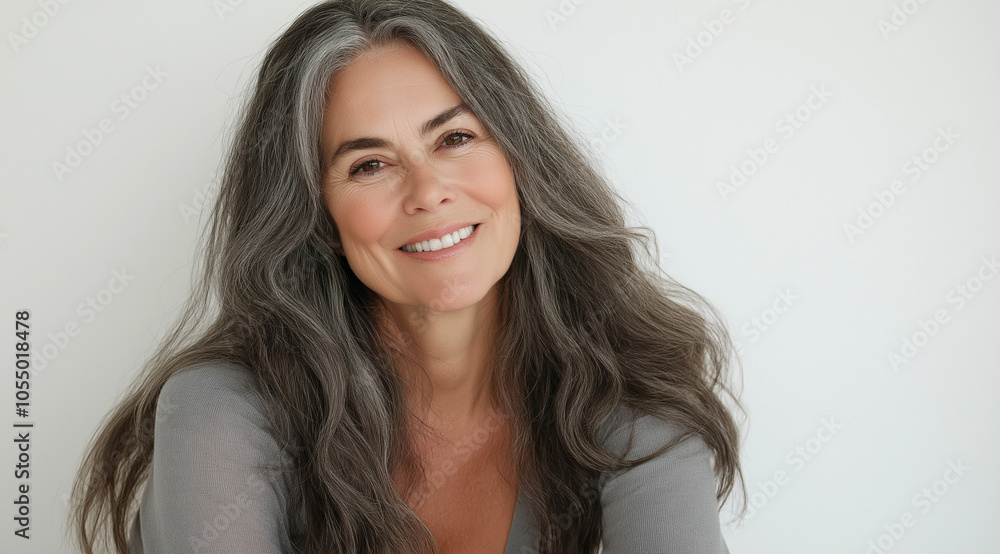Portrait of an elegant senior woman with flowing gray hair, smiling warmly in soft, natural light, embodying timeless beauty and confidence against a simple background Portrait of an elegant senior woman with flowing gray hair, smiling warmly in soft, natural light, embodying timeless beauty and confidence against a simple background