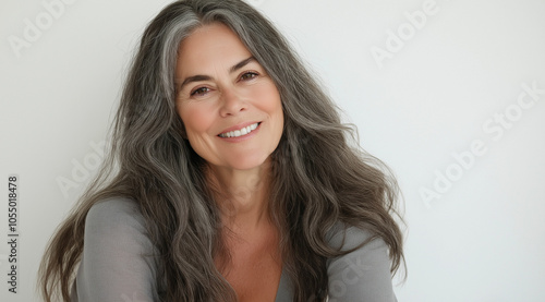 Portrait of an elegant senior woman with flowing gray hair, smiling warmly in soft, natural light, embodying timeless beauty and confidence against a simple background