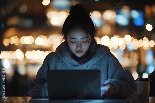 A young woman intensely focuses on a laptop screen in a dimly lit environment surrounded by ambient lights, embodying concentration and youthful determination. photo