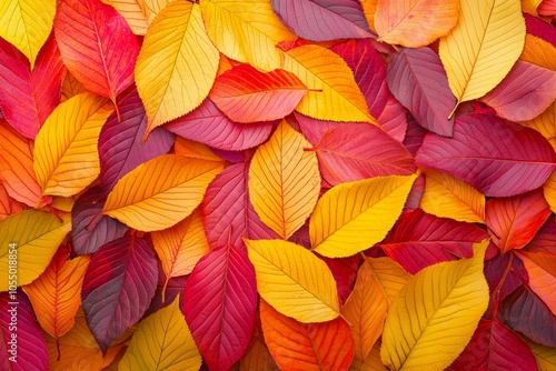 A pile of colorful autumn leaves, ranging from deep reds to bright yellows and oranges, scattered on the ground. The colors contrast with each other in an artistic display.