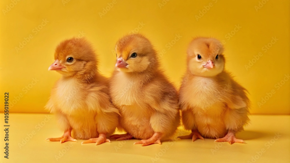 Three fluffy yellow chicks stand in a row on a yellow background. Three fluffy yellow chicks stand in a row on a yellow background.