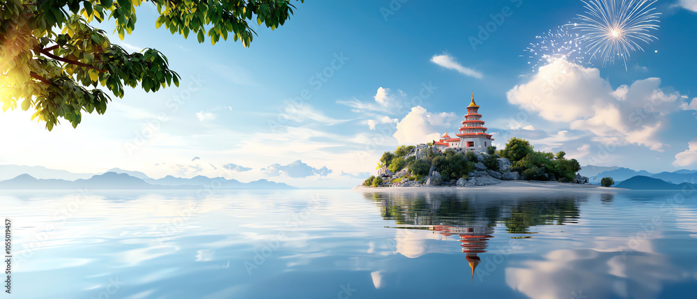 Obraz premium Serene reflections fireworks illuminating a temple by the lake at dusk