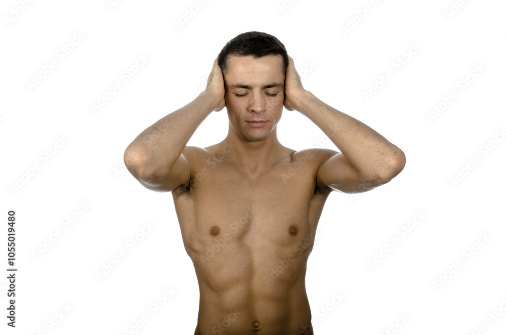 Fototapeta premium Young attractive man with athletic body posing in studio.