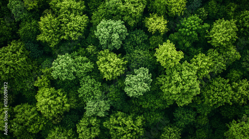 Lush green forest with trees of various sizes. The trees are densely packed and the leaves are a vibrant shade of green