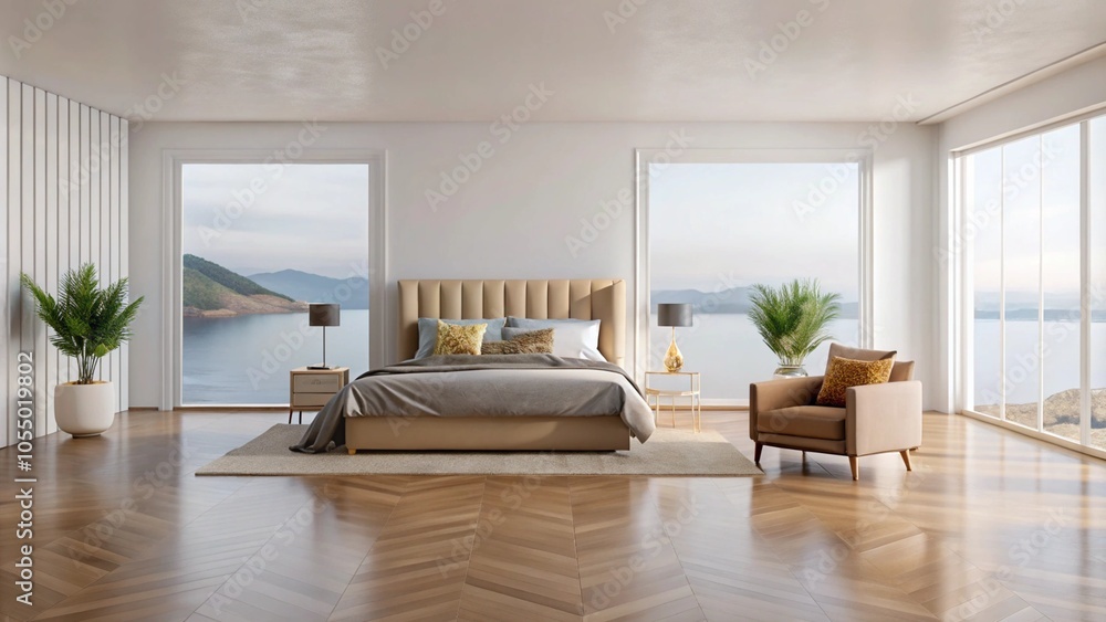 Fototapeta premium Modern bedroom with large windows overlooking ocean.