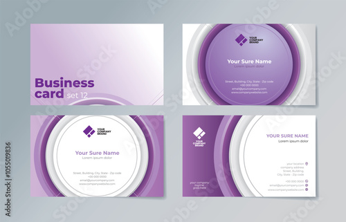 Set of business card templates with illustration of a purple circle in the center on a purple and white background