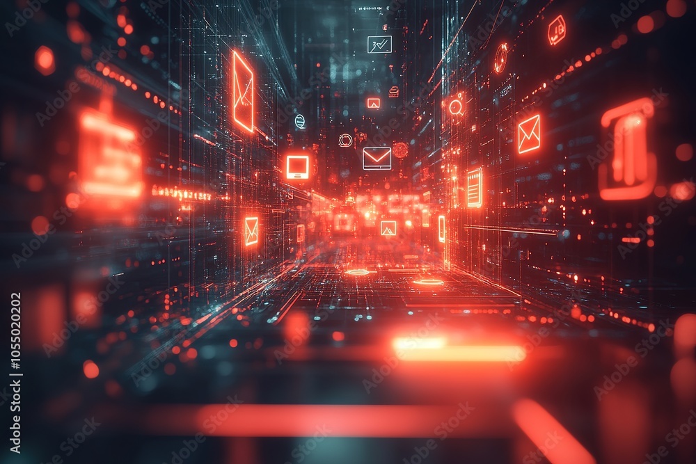 Abstract digital tunnel with glowing red icons. (1) Abstract digital tunnel with glowing red icons. (1)